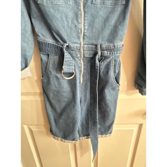 MEBON Denim Utility Jumpsuit Shorts Set Belted Zip Front Short Sleeve Women's M - Picture 5 of 12